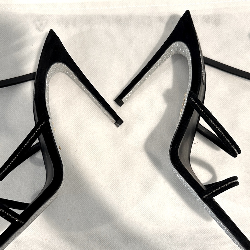 RENE CAOVILLA NWOT Cleo Suede Strass Ankle-wrap Sandals Black Sandal Heel 37.5 - Picture 5 of 7